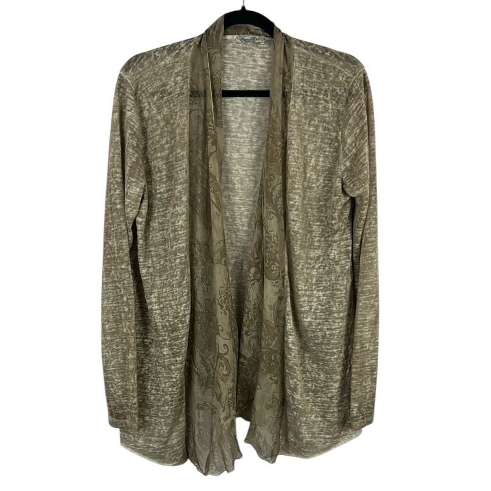 Elena Baldi Made In Italy Classic Neutral Open Front Silk Trim Cardigan XL Tan